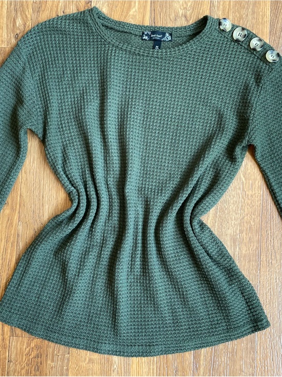 Derek Heart Sweaters - Derek Heart Olive Green Waffle Knit Crewneck Sweater with Shoulder Buttons